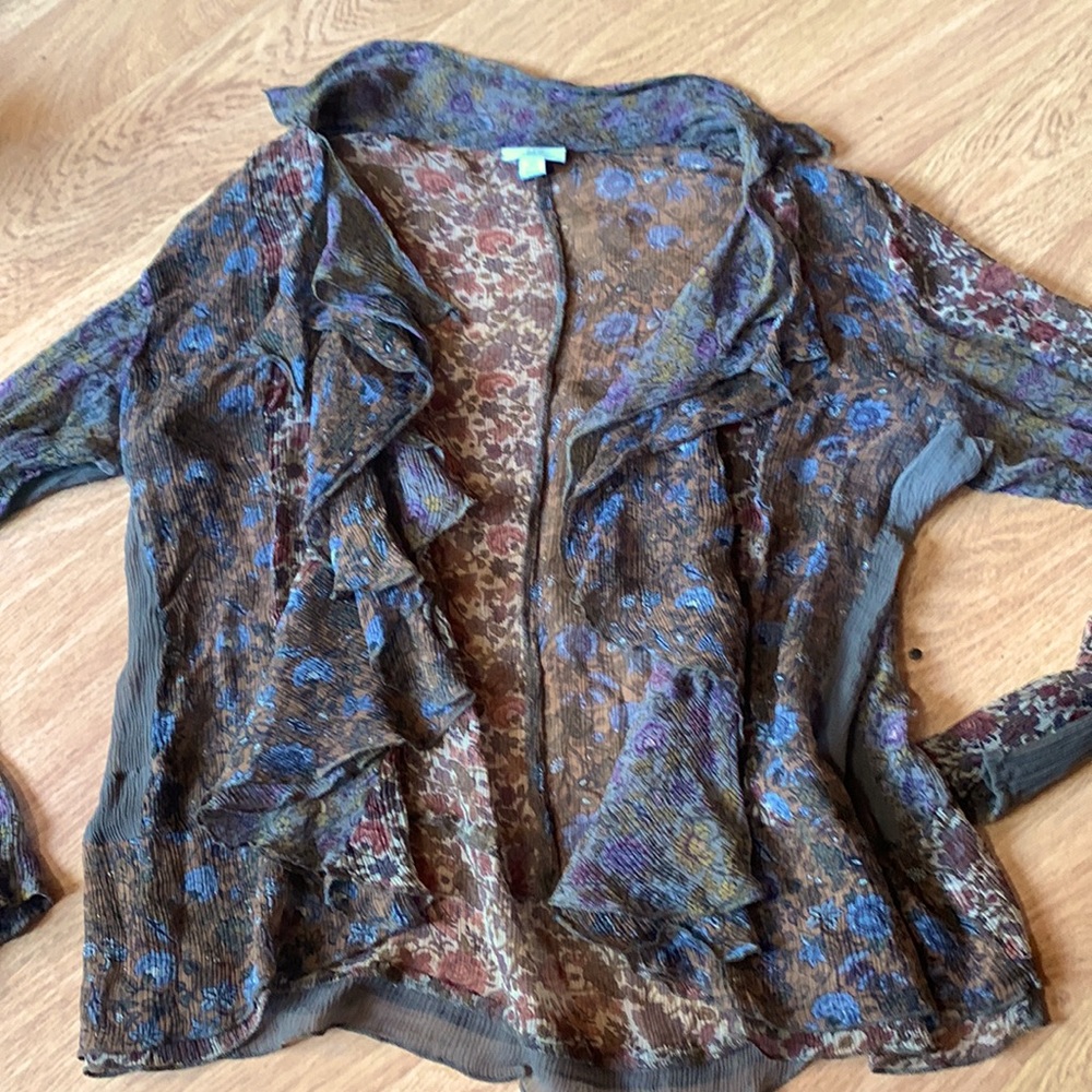 Sheer brown floral button up top with ruffles